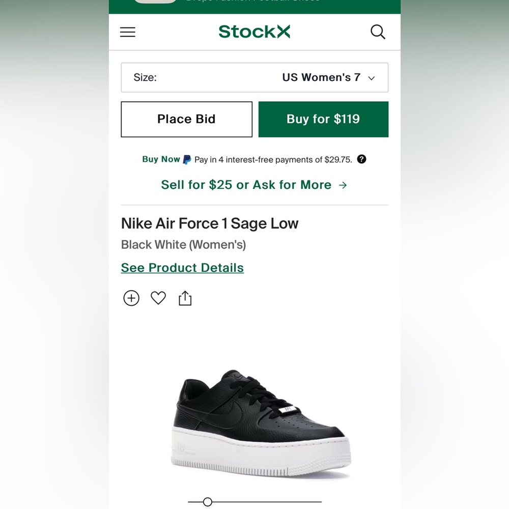 Nike AF1 Sage Low Black and White, Women’s Size 7, NWT